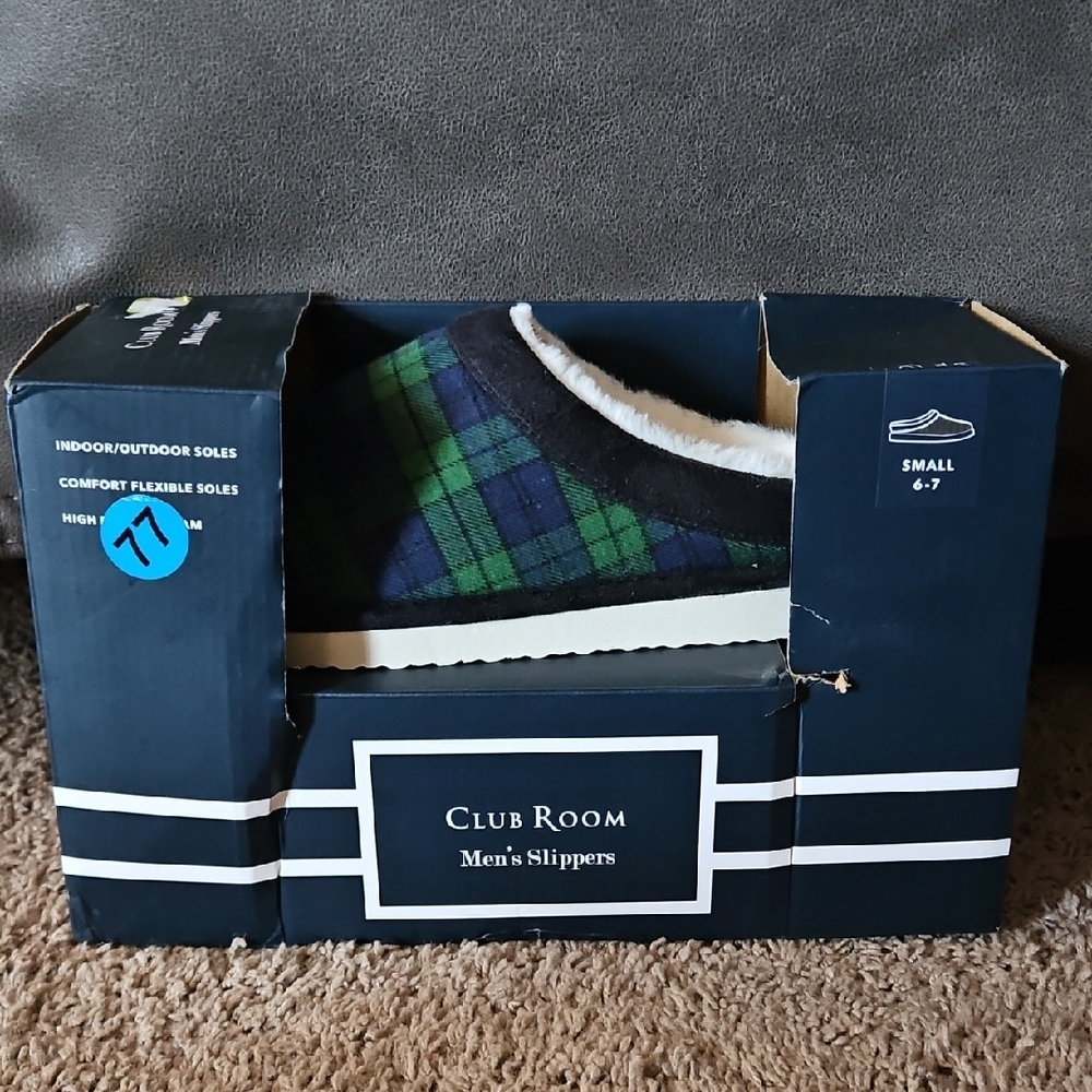Club Room Men's Checkered Plaid Slippers - Navy and Green